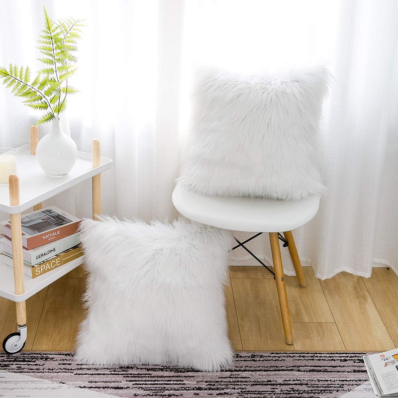 WLNUI Set of 2 White Decorative Fluffy Pillow Covers New Luxury Series Merino Style Faux Fur Throw Pillow Covers Square Fuzzy Cushion Case Spring Easter Home Decor 16x16 Inch - Image 5